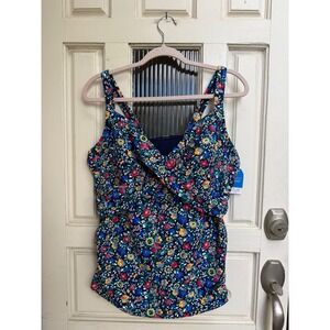 Lands End Floral Tankini Top Blue Surplice Chlorine Resistant Size 16W DD Cup